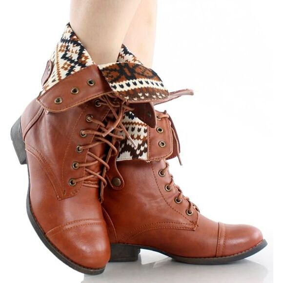 Women's Ankle Lace Up Combat Boots Bootie Two Way Fold Down Low Heels Cognac 6.5 - Picture 4 of 9